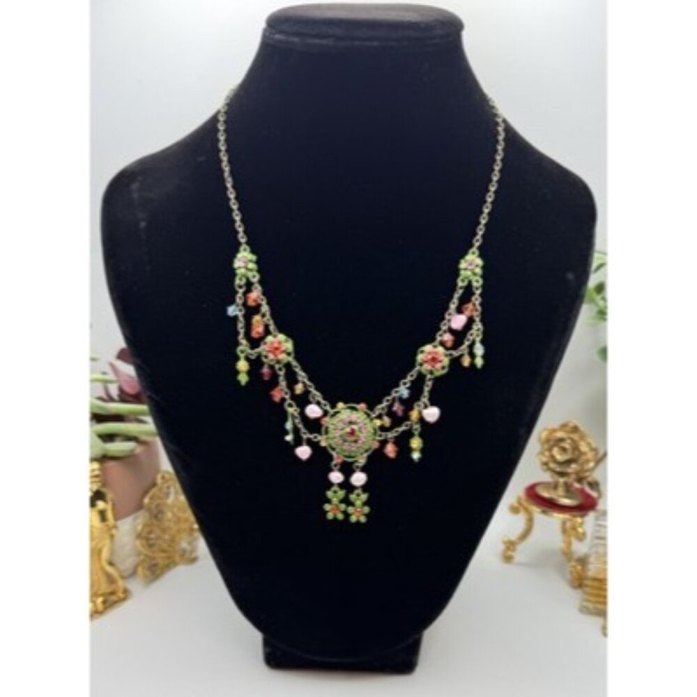 Vintage Zoe Coste Colorful Enamel F Pearls And Rhinestone Flower Dangle Necklace